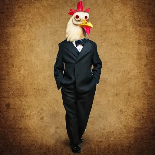 Image similar to a high quality photo of a chicken wearing a suit, Romanticism, 8k