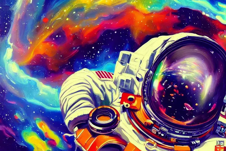 Image similar to A Detailed Painting of An Astronaut Floating In Space, Bright Colors, In The Style Of An oil Painting, Trending on cgsociety