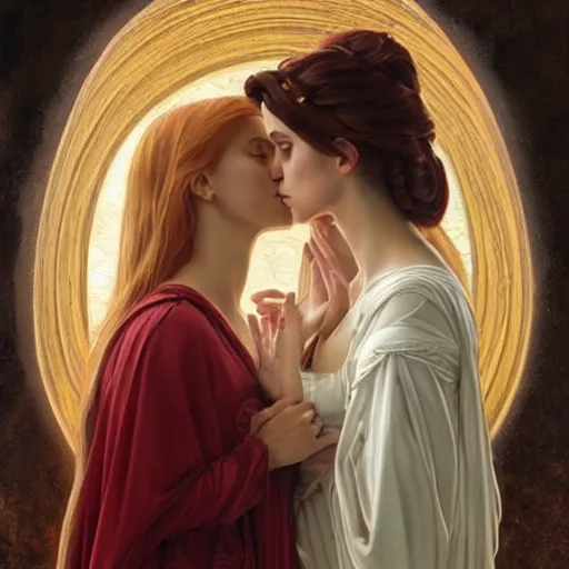 Prompt: a highly detailed byzantine painting of scarlett johansson and emma watson as red haired queens sharing a soft kiss under a waterfall in a gossamer purple dress, epic fantasy, viewed in profile from far away, ultrawide lens, art by artgerm and greg rutkowski and alphonse mucha, volumetric lighting, 4 k resolution, trending on artstation, masterpiece