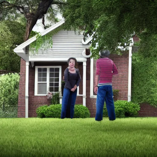 Prompt: a man and a woman around 3 0 years are standing in the backyard of a downtown home. realistic colors, detailed photo 8 k