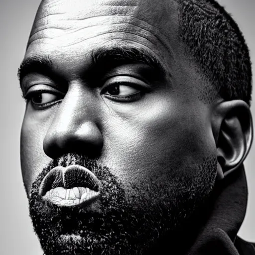 Image similar to the face of kanye west wearing yeezy clothing at 5 0 years old, portrait by julia cameron, chiaroscuro lighting, shallow depth of field, 8 0 mm, f 1. 8