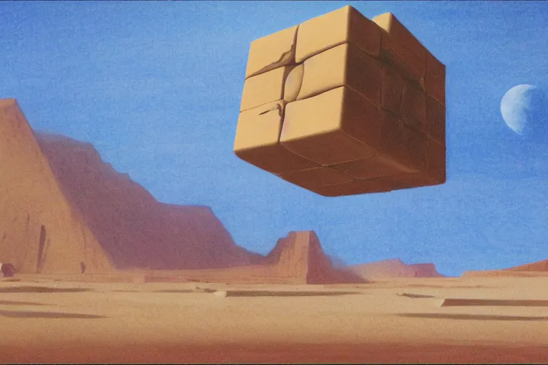 Image similar to giant cube floating above the desert concept sketch by joe johnston and nilo rodis - jamero and ralph mcquarrie and norman reynolds