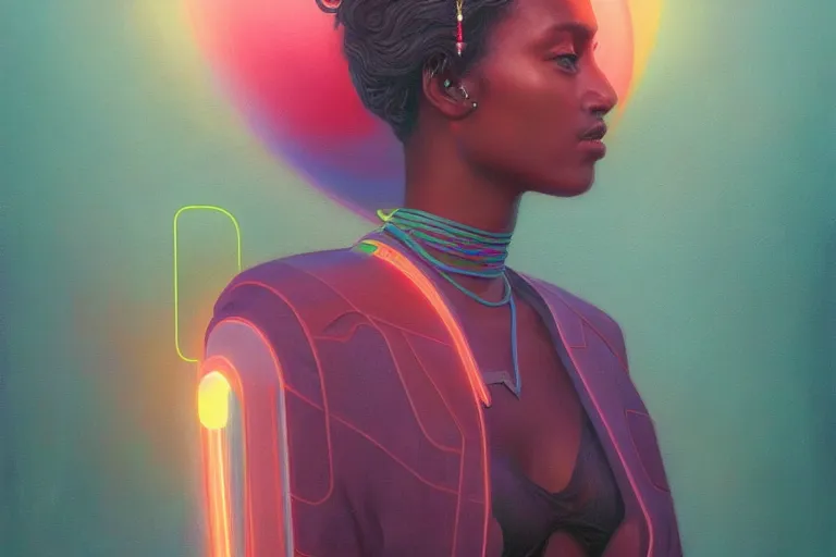 Image similar to patron saint of 🛸🌈👩🏾, futuristic clothing, neon god of city character portrait, in the style of moebius, tom bagshaw, and waterhouse, cinematic lighting, beautiful, elegant, oil painting,