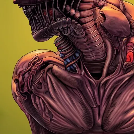Image similar to a human bursting out of the chest of a xenomorph