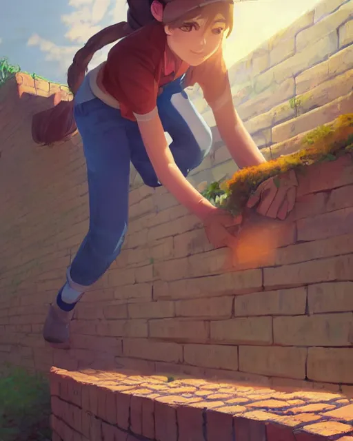 Image similar to ! dream a bricklayer girl making a brick wall on a farm, perfect shading, atmospheric lighting, by makoto shinkai, stanley artgerm lau, wlop, rossdraws