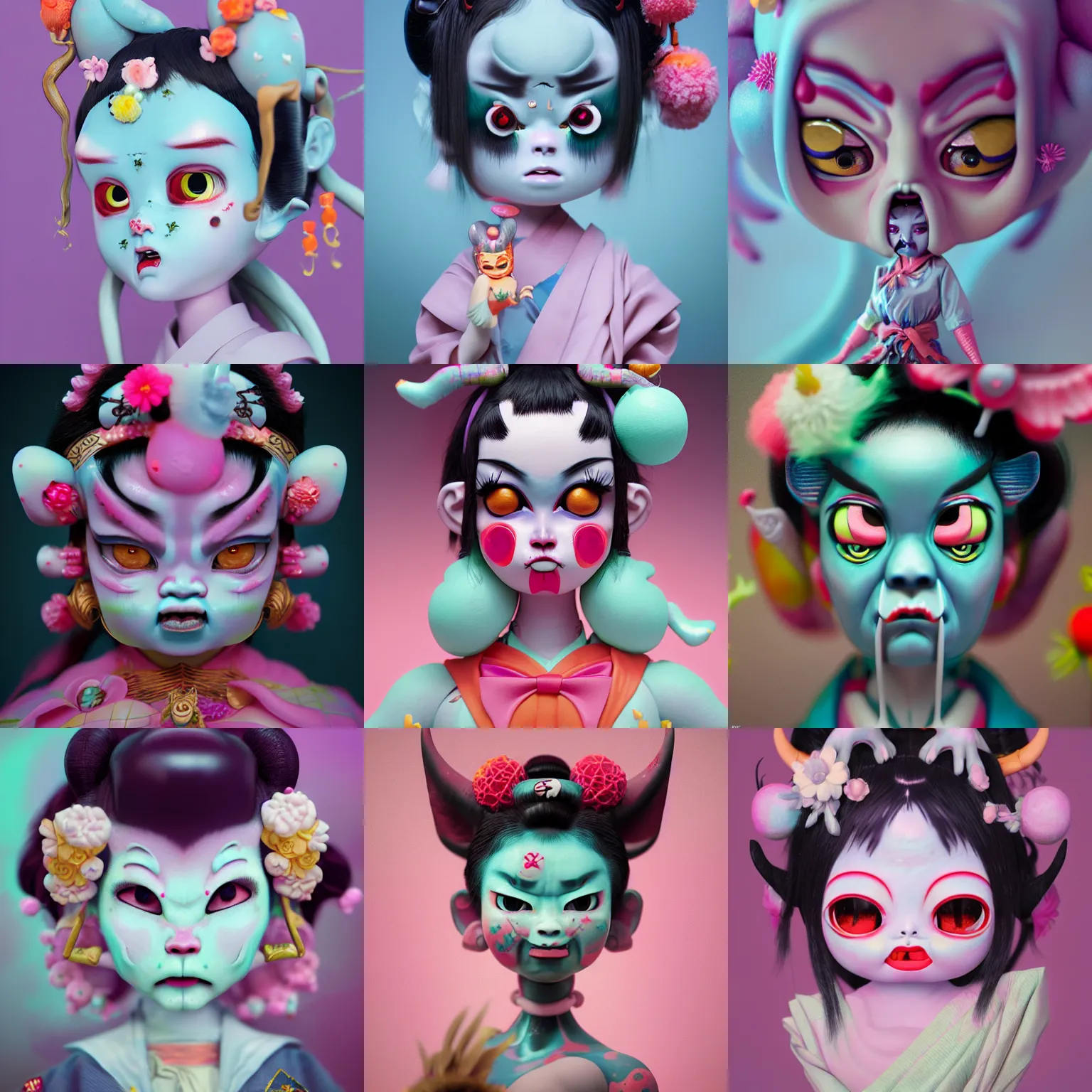 Prompt: an oni demon geisha by amy sol hikari shimoda, mark ryden, cute, weird, cool, pastel colors, glass, plastic, artstation, houdini sidefx, octane 3 d, 8 k