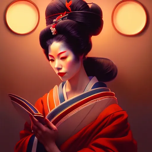 Image similar to pretty geisha, d & d digital painting, ultra realistic, beautiful, volumetric lighting, warm colors advance, cell shading, by james jean, greg rutkowski, wlop