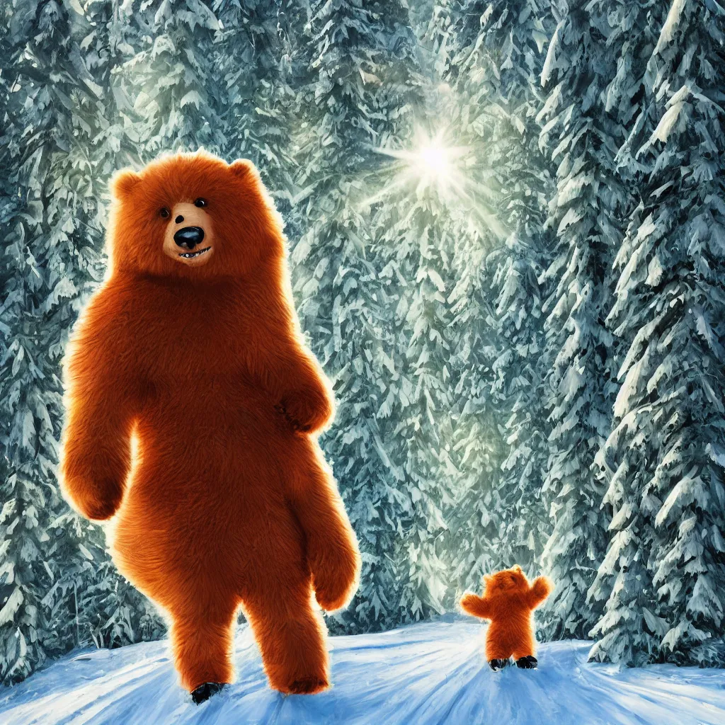 Prompt: a cute humanoid fluffy fur bear cub standing on ski skiing down the hill through a snowy forrest in, light rays are shining through the trees above, magical environment, beautiful light. trending on artstation 4 k award in winning artwork. vivid colors. detailed painting. kids book illustration.