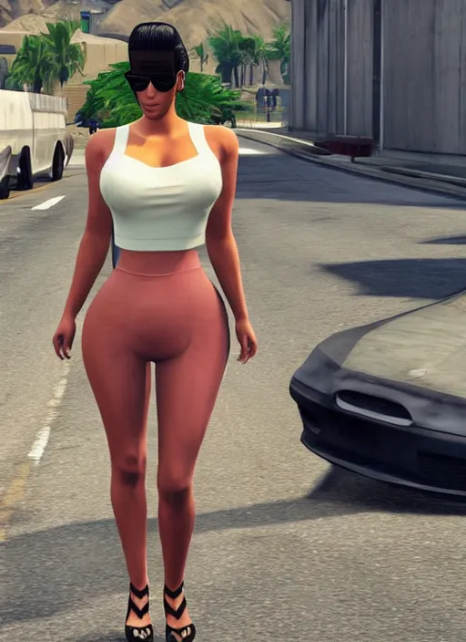 Image similar to game still of kim kardashian as a gta skin in gta 6.