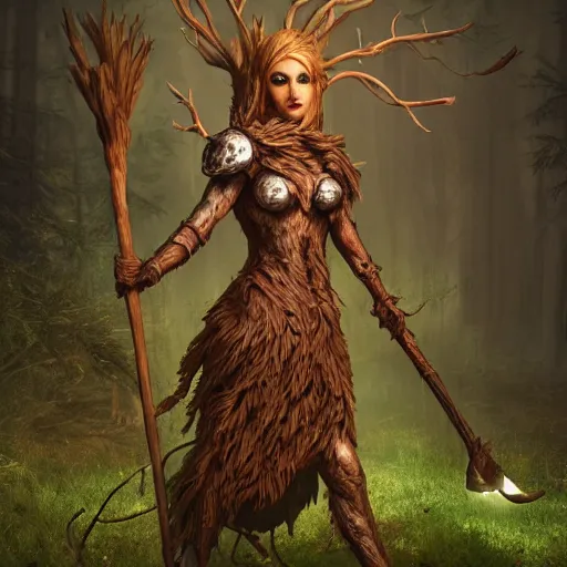 Image similar to a dryad knight made of wood weilding a giant club, dnd in a dark forest, digital art, high quality render, artstation, 8 k, photograph quality, ultrahd, in the style of dungeons and dragons