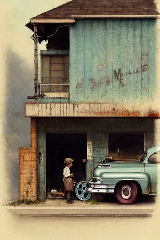 Prompt: (((((1950s small town mechanics shop with car out front. muted colors.))))) by Jean-Baptiste Monge !!!!!!!!!!!!!!!!!!!!!!!!!!!