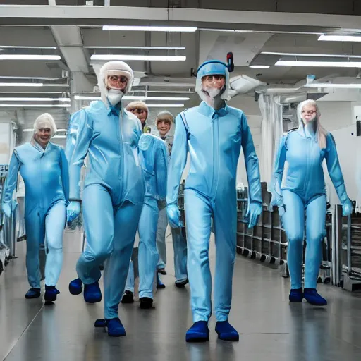 Prompt: troop in formation of athletic humans with light blue latex suits and white hair on a conveyor belt, futuristic chemistry lab, sci - fi, highly detailed, hyperrealistic