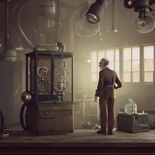 Image similar to muted colors, steampunk, 3 d octane render, unreal engine, realistic, and old professor standing in his laboratory inspecting gadgets, detailed, cinematic lighting