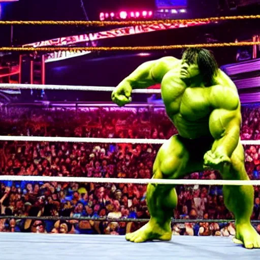 Prompt: photograph of The Incredible Hulk as WWE Champion standing in.a Wrestling ring