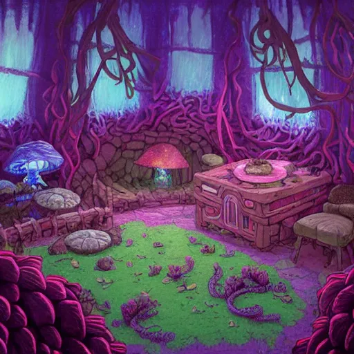 Image similar to concept art painting of a interior of a cozy alien fantasy cottage made of mushrooms and fungus, with black vines and magenta houseplants, blue and magenta light, realistic, detailed, cel shaded, dark, in the style of makoto shinkai and greg rutkowski and james gurney