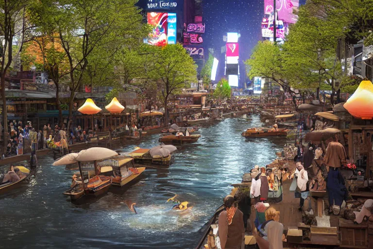 Prompt: floating markets of times square river in kyoto kamo river of kyoto during sakura season on thermal waters flowing down white travertine terraces during interstellar aurora borealis, gold waterfalls, vendors, festivals, fun, by peter mohrbacher, james jean, james gilleard, greg rutkowski, vincent di fate, rule of thirds, octane render, beautiful landscape