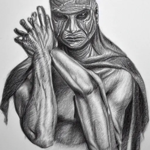 Image similar to mummy puts his hand on the head of a warrior, pencil drawing