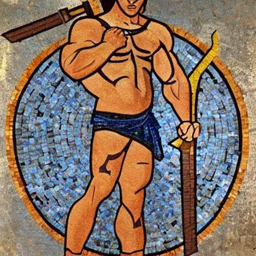 Image similar to ancient greek mosaic of young arnold schwarzenegger holding a big zelda sword