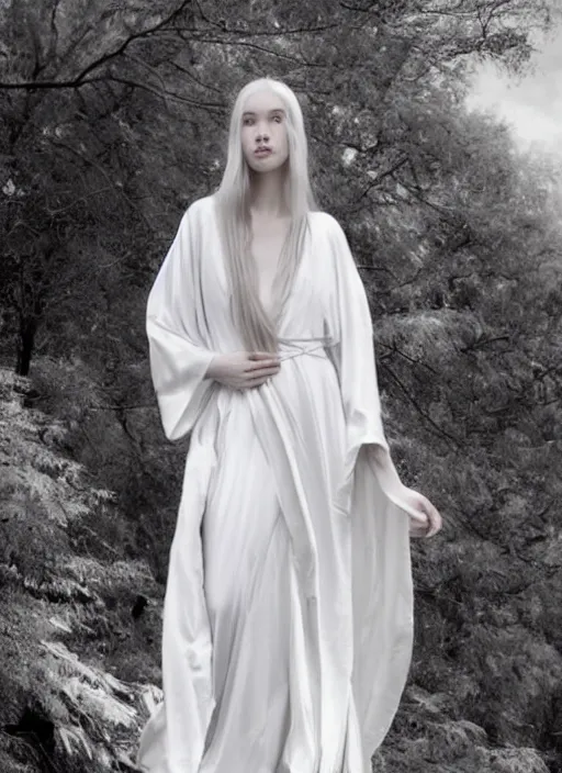 Image similar to tall thin beautiful goddess, pale wan female angel, long flowing silver hair covering her whole body, beautiful!!! painting, young face pale skin wan angel, flowing silver hair, flowing white robes, flowing hair covering front of body, white robe, white dress!! of silver hair, covered!!, clothed, unexposed, intricate robes beautiful aesthetic, mystery