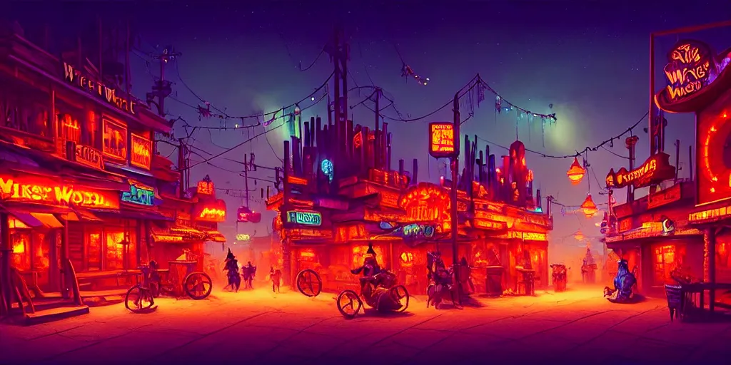 Image similar to A street-level view of a magical wild-west town at night with wooden buildings and colorful neon lights and mesas in the distance; beautiful, dangerous, detailed, best on artstation, cgsociety, wlop, cosmic, epic, stunning, gorgeous, masterpiece