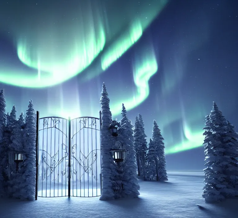 Image similar to a very detailed concept art of intricate and scandinavian white gates to aurora borealis infused with light, trending on artstation, symmetry, digital art, 4 k, hyper realistic, octane render, sharp focus