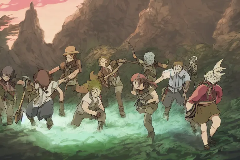 Image similar to cell shaded key visual of a group of adventurers being ambushed by monsters in a dungeon, in the style of studio ghibli, moebius, makoto shinkai,