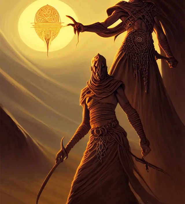 Image similar to a defiler wizard upon the dunes, the art of athas,'dark sun'- campaign setting, brom's dark sun art on a 7 0's style fantasy novel cover, digital painting by brom, amazingly detailed d & d art, concept art, intricate details, beautiful, volumetric lighting, ultrarealistic, cgsociety, artstation