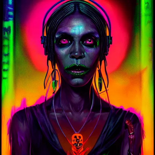 Image similar to a death tarot featuring a haitian voodoo priestess with menacing eyes, blacklight neon colors, by anton semenov and android jones in cyberpunk voodoo style, oil on canvas, 8k