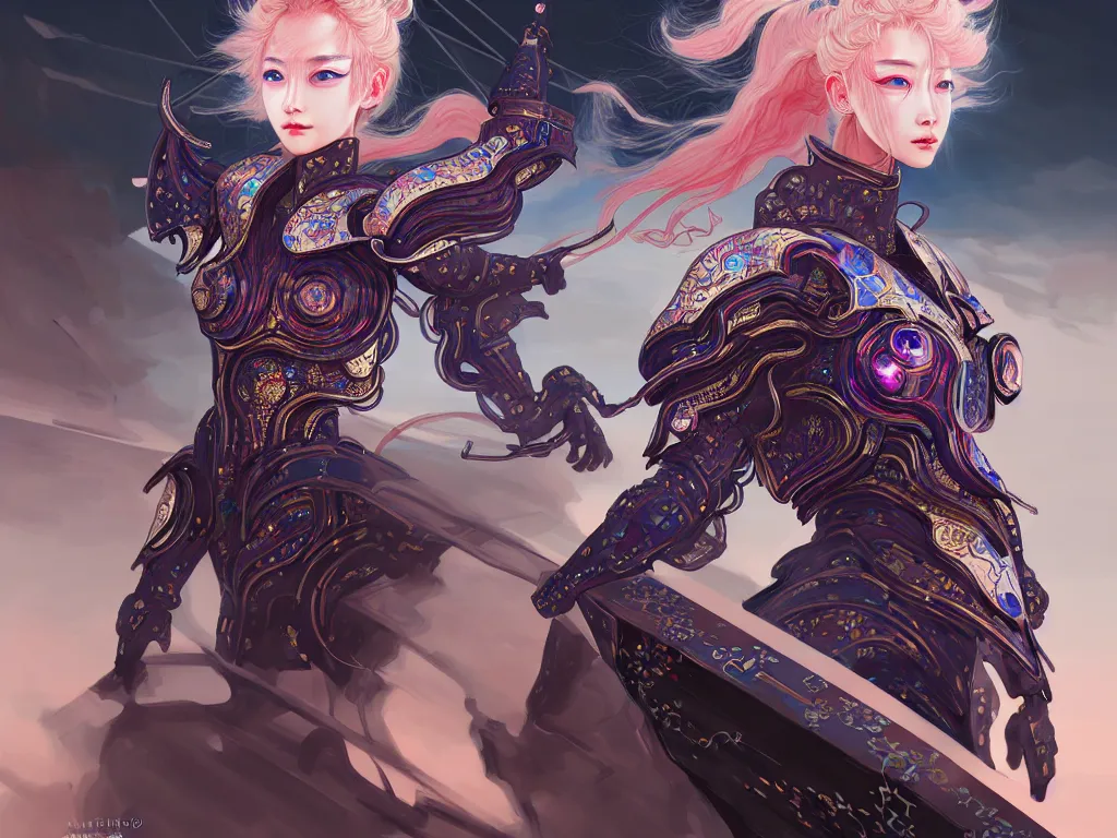 Image similar to portrait of futuristic knights of zodiac girl, abstract chinese dragon character concept art, at future neon tokyo light rooftop, ssci - fi and fantasy, intricate and very very beautiful and elegant, highly detailed, digital painting, artstation, smooth and sharp focus, illustration, art by tan zi and ayanamikodon and alphonse mucha and wlop