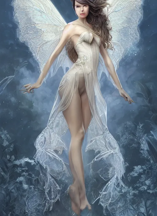 Image similar to full body portrait of a beautiful fairy women with wings of lace, by artgerm, sunny day, highly detailed, perfect lighting, perfect composition, symmetry, detailed features, 4 k, by alan lee, by derek zabrocki, by greg rutkowski