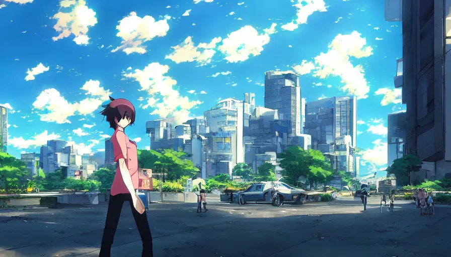 Image similar to cityscape, makoto shinkai style, anime, pixiv fanbox, sunny, blue skies