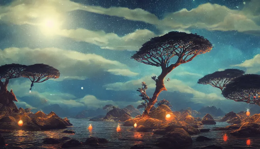 Image similar to koi fish swimming in the sky over moonlit socotra island with dragon trees, starry night, sharp focus, wide shot, trending on artstation, masterpiece, by greg rutkowski, by ross tran, by fenghua zhong, octane, soft render, ultrarealistic, colorful, cinematic, horizon forbidden west