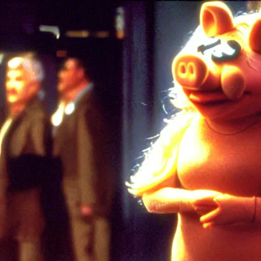 Image similar to Miss Piggy as Trinity in The Matrix (1999) action bullet time, leather outfit, explosions scene from movie