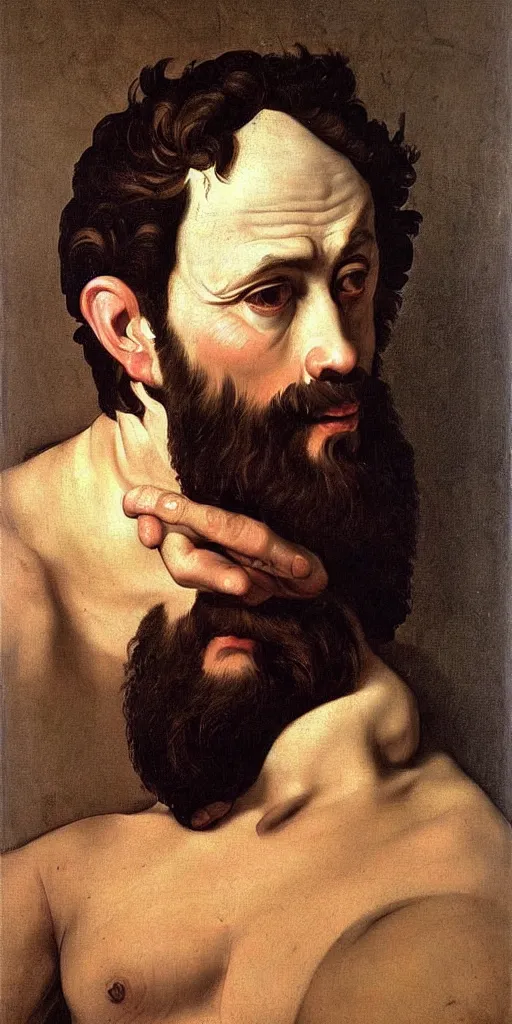 Image similar to midle-aged gigachad with thick eyebrows, short brown hair and short beard, very detailed, smooth, realistic, painted by Caravaggio, painted by Buguereau