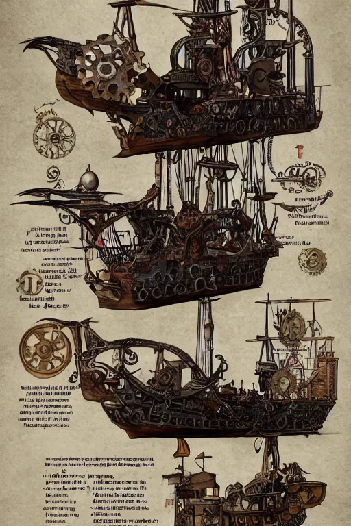 Prompt: steampunk pirate ship, infographic, marginalia, exploded view