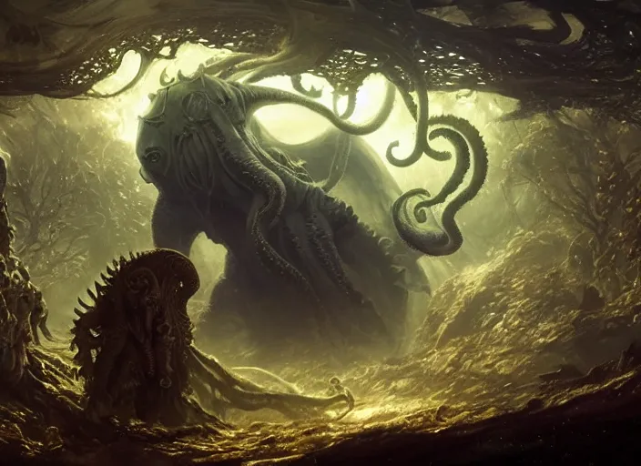 Prompt: my children bed with a giant cthulhu eyes in the night star forest by gaston bussiere, anna nikonova aka newmilky, greg rutkowski, yoji shinkawa, yoshitaka amano, donato giancola, geoffroy thoorens, trending on artstation, featured on pixiv, cinematic composition