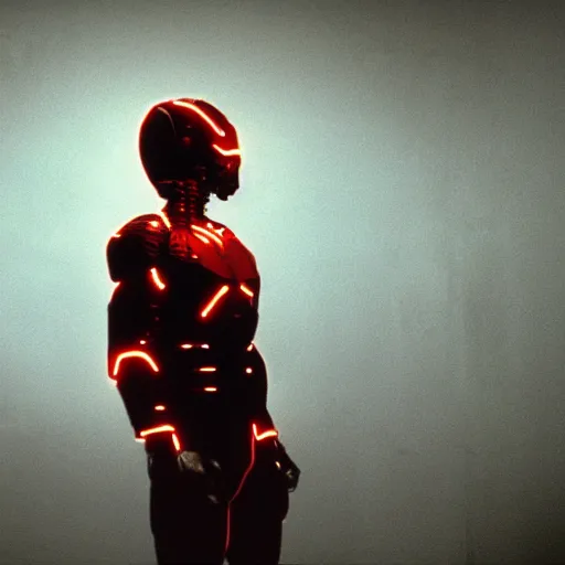 Image similar to movie still of man super hero cyborg, cinematic composition, cinematic light, by david lynch