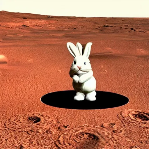 Prompt: photo of a cute bunny crossing dimensionnal portal on mars, realistic,