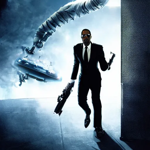 Image similar to men in black agent as lenny kravitz fighting aliens, dynamic movie still, detailed 8 k photorealistic portrait, imdb poster style