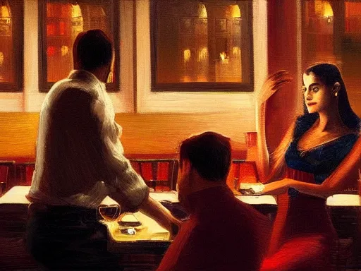 Image similar to masterpiece painting by salman toor, of a guy and a girl on a date in a restaurant, cinematic light, renaissance, atmospheric effects, artstation