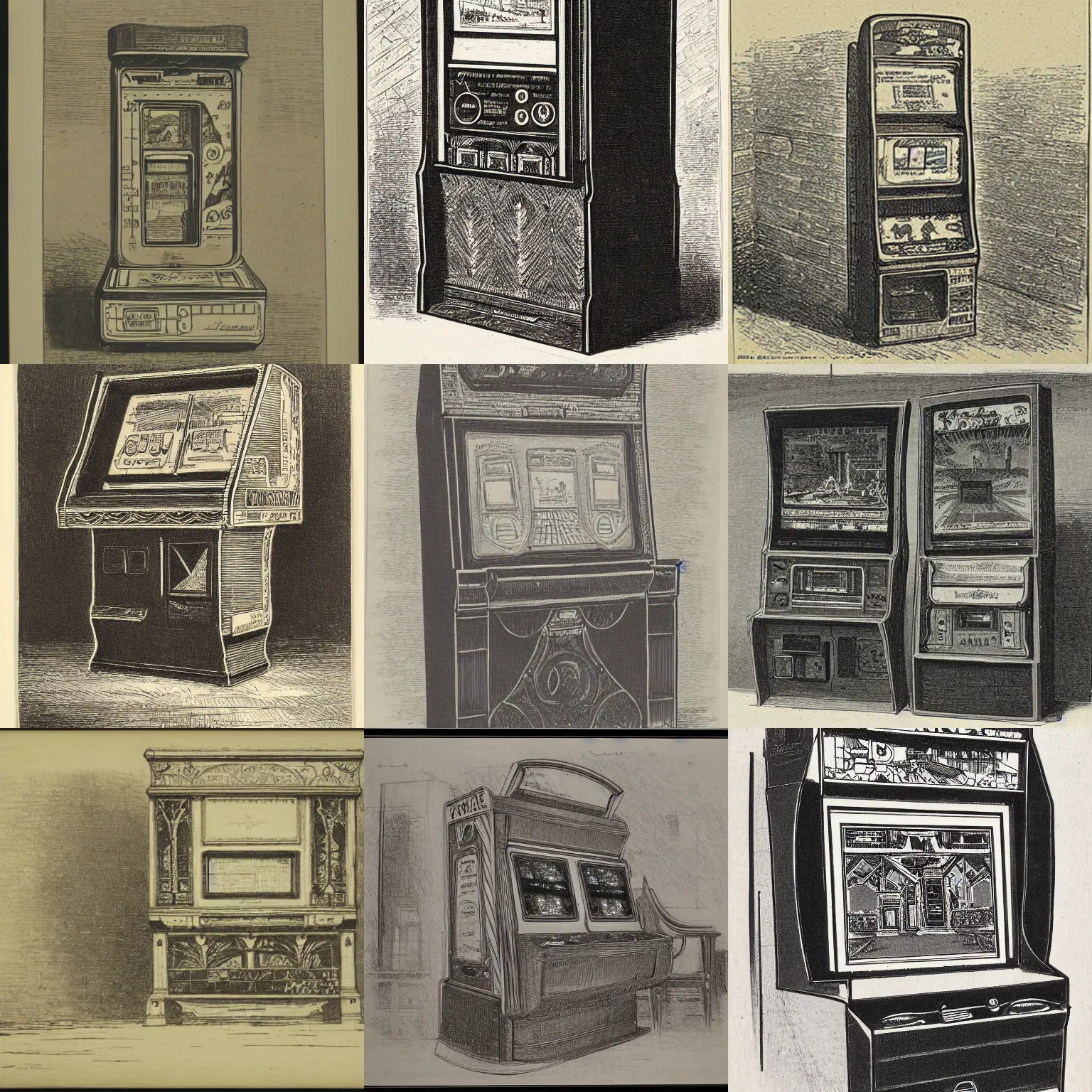 Prompt: sketch of an arcade machine, etching by louis le breton, 1 8 6 9, 1 2 0 0 dpi scan