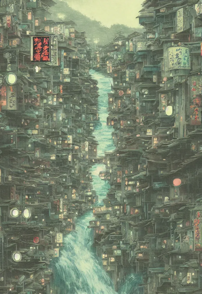 Image similar to a beautiful japanese city in the mountain, amazing ryokans and edo era houses, waterfall, yokai characters. epic cyberpunk. visible pipes, lanterns, lofi vibe, vivide colors, amazing light, light beams with dust, mesmerizing nature, by jeremy lipkin, by claude monet, by makoto shinkai, futuristic city, inspired by ghibli, masterpiece