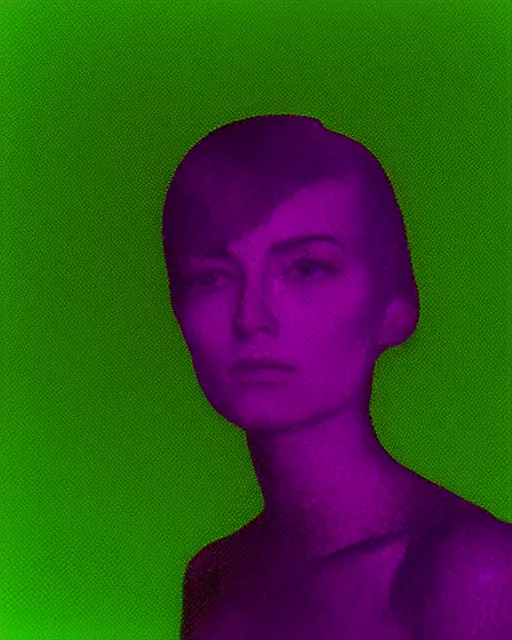 Image similar to electronic woman's face, blank expression, violet and yellow and green lighting, polaroid photo, atmospheric, whimsical and psychedelic, grainy, expired film, super glitched, corrupted