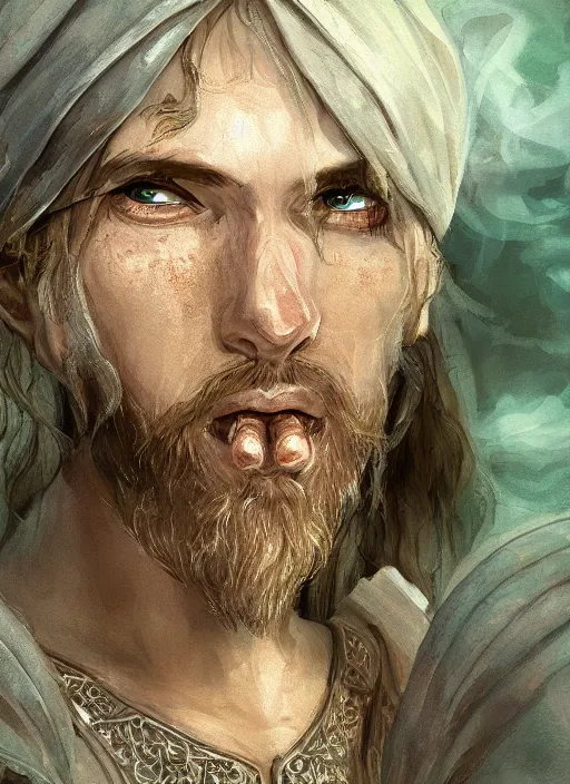 Prompt: a fantasy rpg portrait painting of a male cleric, old mystic ruins, afternoon, intricate, elegant, highly detailed, digital painting, sharp, focus