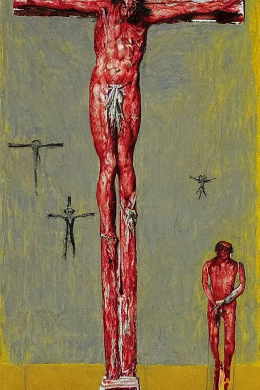 Image similar to bloody christ crucified and some bright ufo in the sky painted by cy twombly and andy warhol