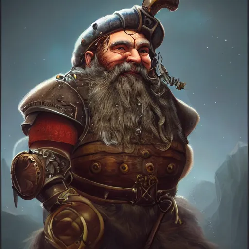 Prompt: a detailed portrait painting of the dwarf bardin goreksson steampunk engineer, artstation, 8 k, fantasy