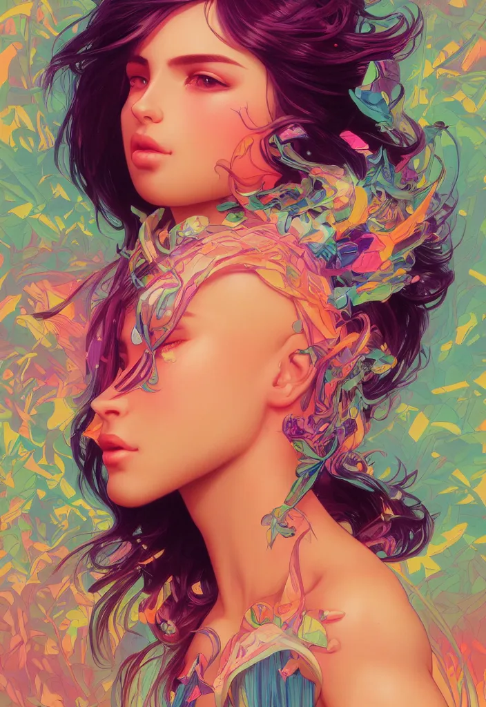 Image similar to beautiful, young woman, detailed gorgeous face, vaporwave aesthetic, synthwave, colorful, psychedelic, artstation, concept art, smooth, extremely sharp detail, finely tuned detail, ultra high definition, 8 k, unreal engine 5, ultra sharp focus, illustration, art by artgerm, greg rutkowski and alphonse mucha