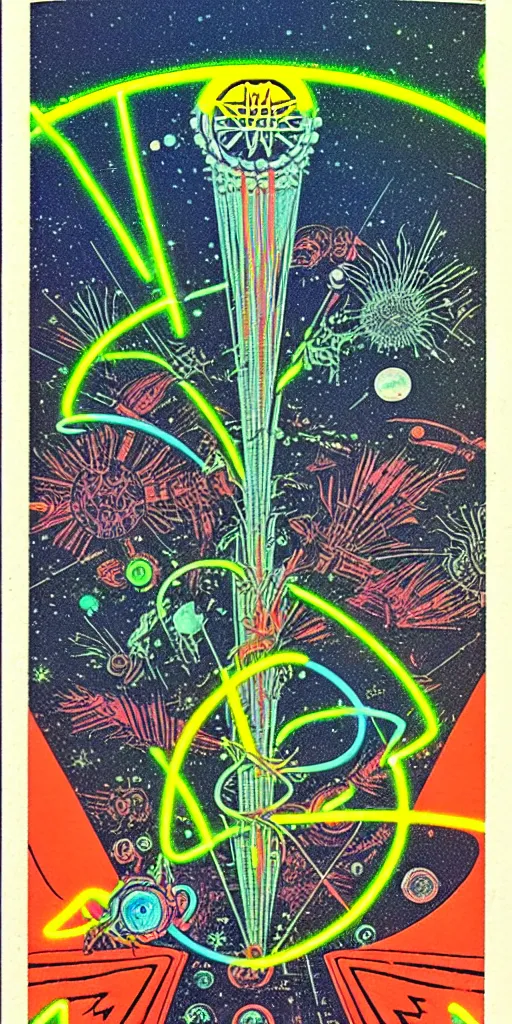 Prompt: 1968 science fiction tarot card, cut out collage, neon Aztec, spring on Saturn, epic theater, deep sea, mountain plants, drawings in part by moebius, part by Ernst Haekl, text by William S Boroughs,