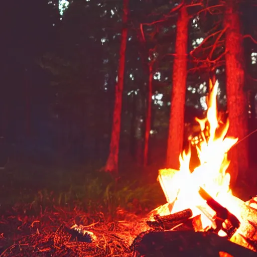 Image similar to cabin in the woods at night, campfire, lens blur, fireflies