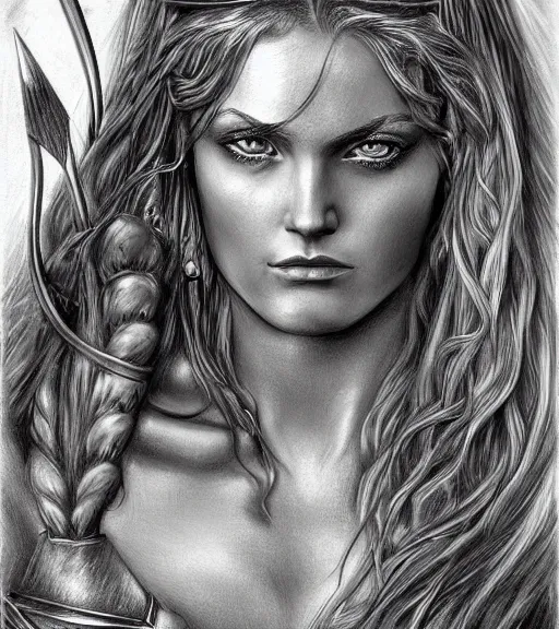 Image similar to drawing of the beautiful greek goddess aphrodite, arrow warrior, fantasy art, hyper realistic, amazing detail, in the style of robert rutkowski